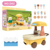 A yellow miniature ice cream cart playset with various dessert items and a dollhouse furniture set.
