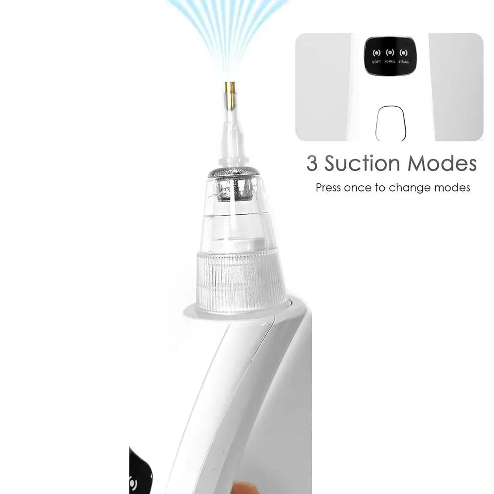 A white electric diamond painting pen with a clear tip and a charging port, demonstrating three suction modes.