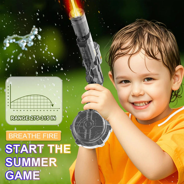 A smiling child holds an automatic electric water gun, demonstrating its range and features for summer fun.