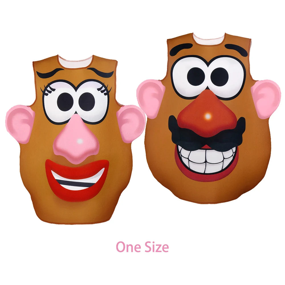A pair of matching Mr. and Mrs. Potato Head couple costumes featuring orange-brown plastic faces.
