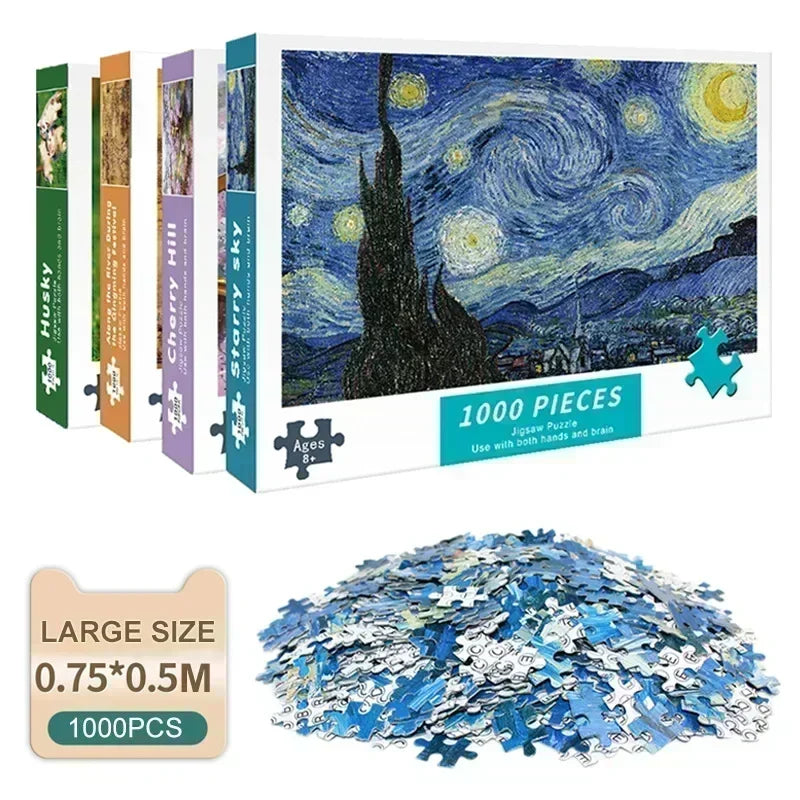 A box of a 1000-piece jigsaw puzzle featuring a night sky and landscape, with loose puzzle pieces scattered below.