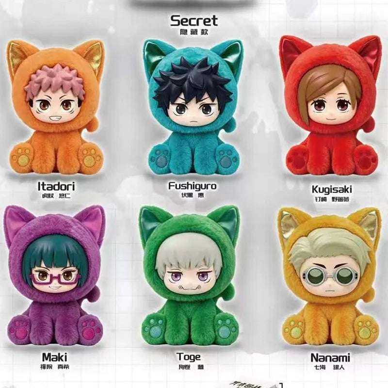 A collection of seven Jujutsu Kaisen character plush figures featuring Itadori, Fushiguro, Kugisaki, Maki, Toge, and Nanami.