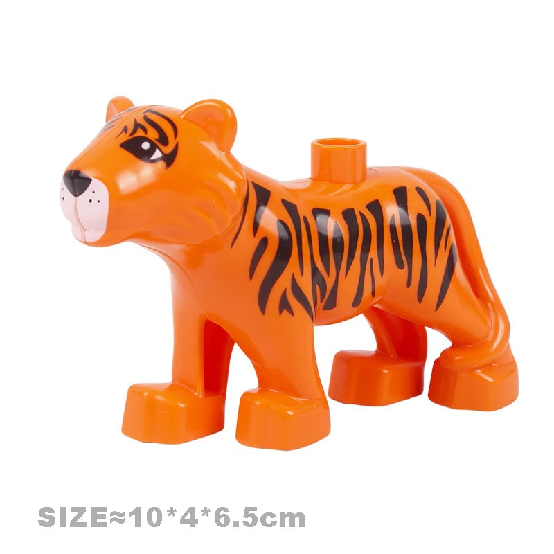 Orange plastic building block set featuring a tiger animal figure.