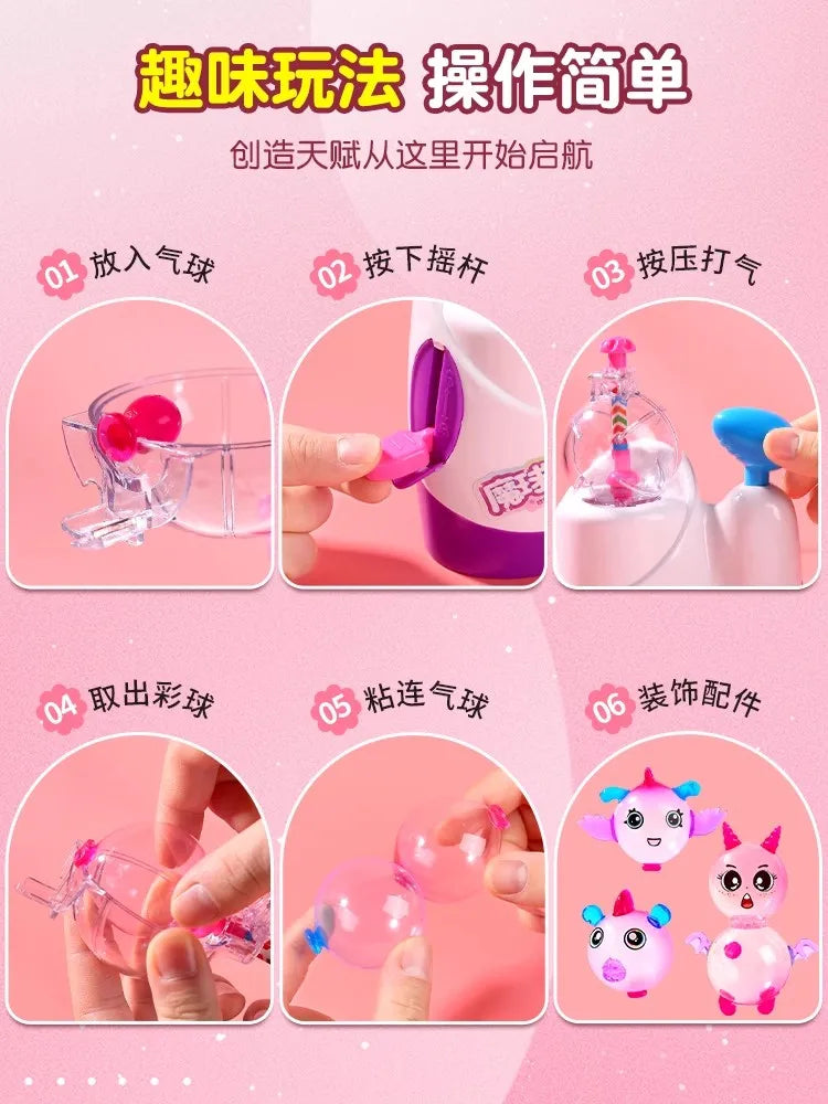 A six-step guide showing how to use an inflator tool to create balloons from a kit.