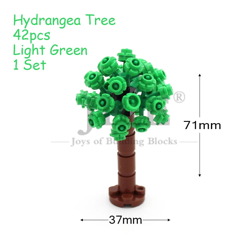A set of 42 light green Hydrangea tree building blocks with a brown trunk and green blossoms.