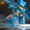 A blue automatic electric UMP45 water blaster toy is shown with a separate water bottle and a press button.