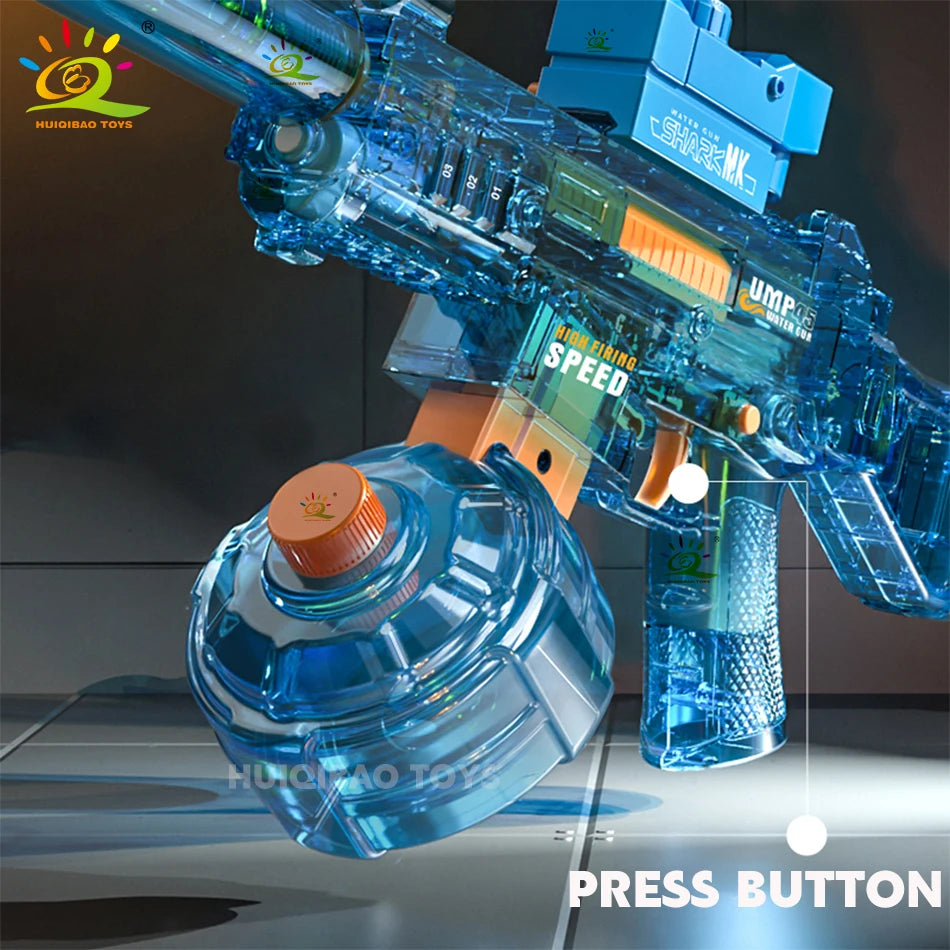 A blue automatic electric UMP45 water blaster toy is shown with a separate water bottle and a press button.