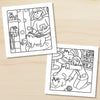 Line art illustration of a mother and kitten interacting in a cozy domestic scene for a coloring book.