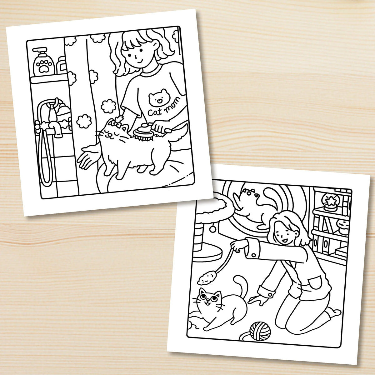 Line art illustration of a mother and kitten interacting in a cozy domestic scene for a coloring book.