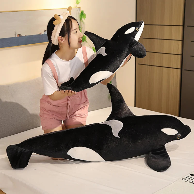 A young woman is holding a black and white orca whale plush toy in a studio setting.