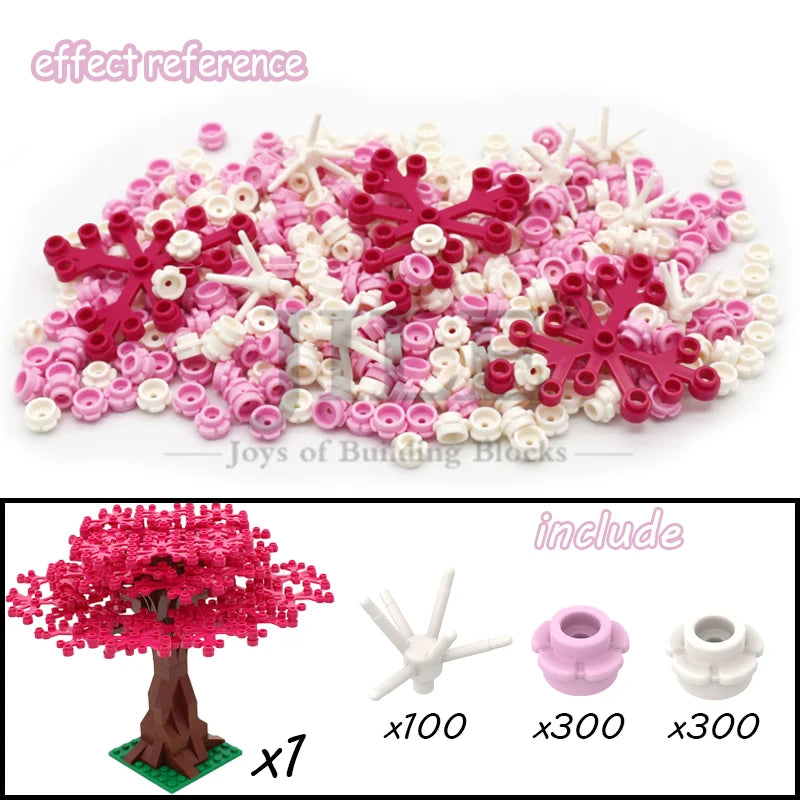 A set of pink and white building blocks shaped like a cherry blossom tree, including seven units.