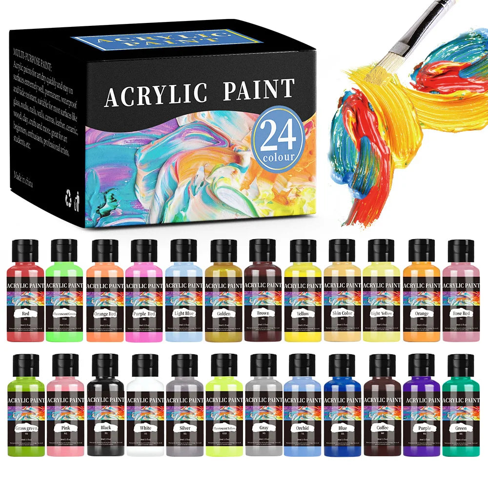 A box of 24-colour acrylic paint and various bottles of acrylic paints for fabric, leather, and DIY projects