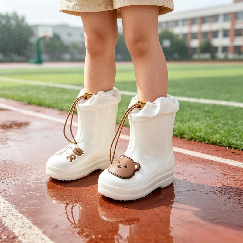 A pair of white waterproof bear rain boots with anti-slip soles standing on a wet running track.