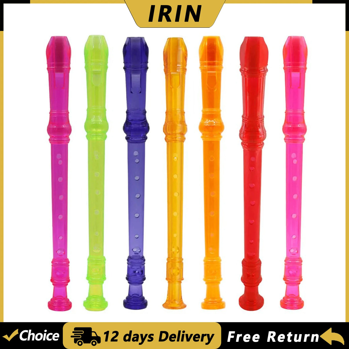 A set of five colored 8-hole soprano recorders with cleaning rods in pink, lime green, purple, orange, and red.