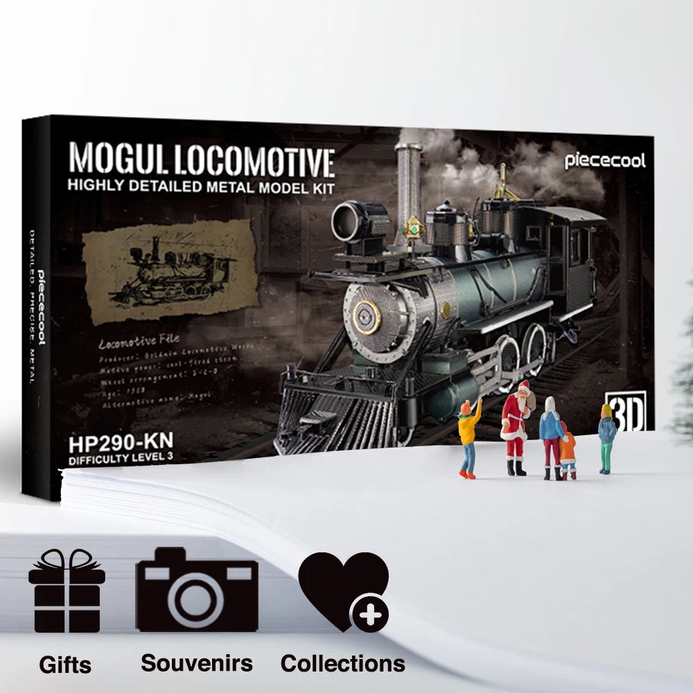 A box for the Mogul Locomotive highly detailed metal model kit HP290-KN showing a steam locomotive and assembled parts.