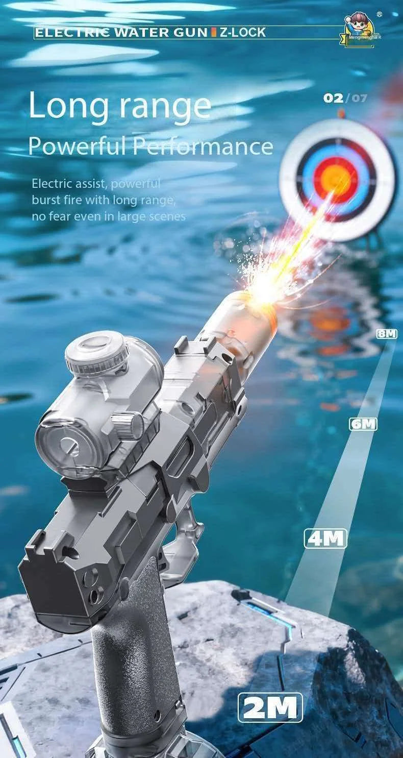 A close-up of an electric water gun with a light and flame effect, aimed at a target in water.