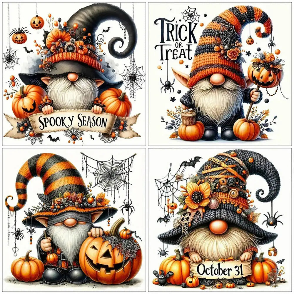 A set of Halloween-themed diamond painting kits featuring gnomes and pumpkins for a spooky season display.