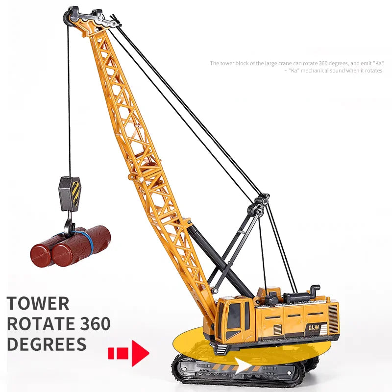 A yellow tower crane model rotates 360 degrees, lifting a brown truck.