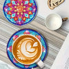 A set of DIY diamond painting coasters featuring colorful cat mandala designs on wood and anti-slip material.