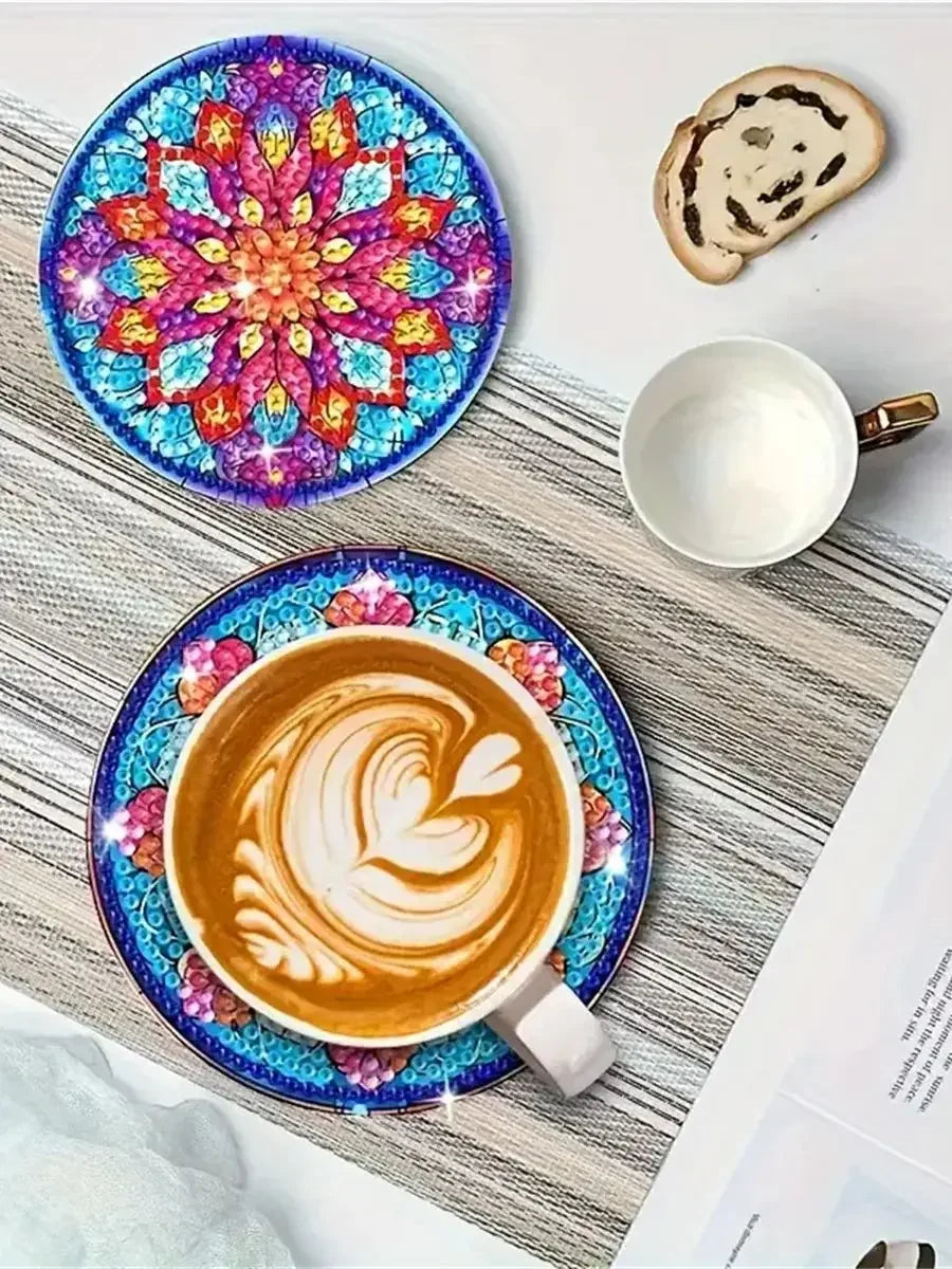 A set of DIY diamond painting coasters featuring colorful cat mandala designs on wood and anti-slip material.