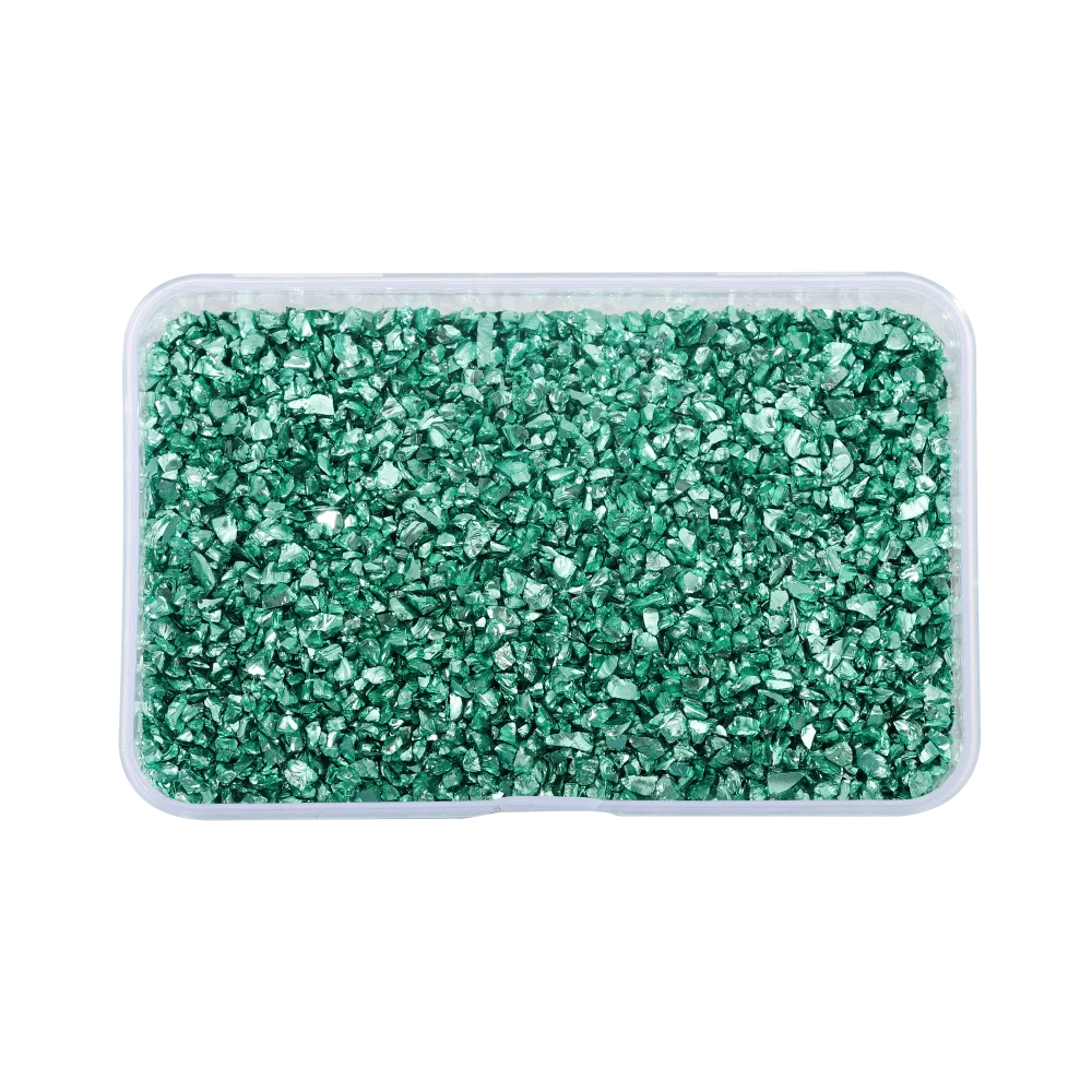 A clear plastic container filled with crushed green glass stones for resin and craft projects