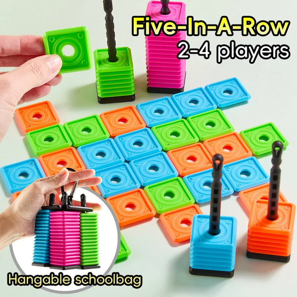 A set of colorful five-in-a-row strategy boards and a hanging schoolbag are displayed on a light surface.