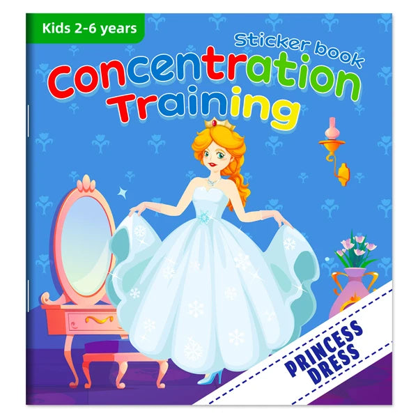 A colorful sticker book cover featuring a princess in a white dress and a mirror, designed for concentration training.