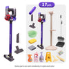 A set of 17 pieces including a purple vacuum cleaner, various cleaning tools, and accessories for kids pretend play.