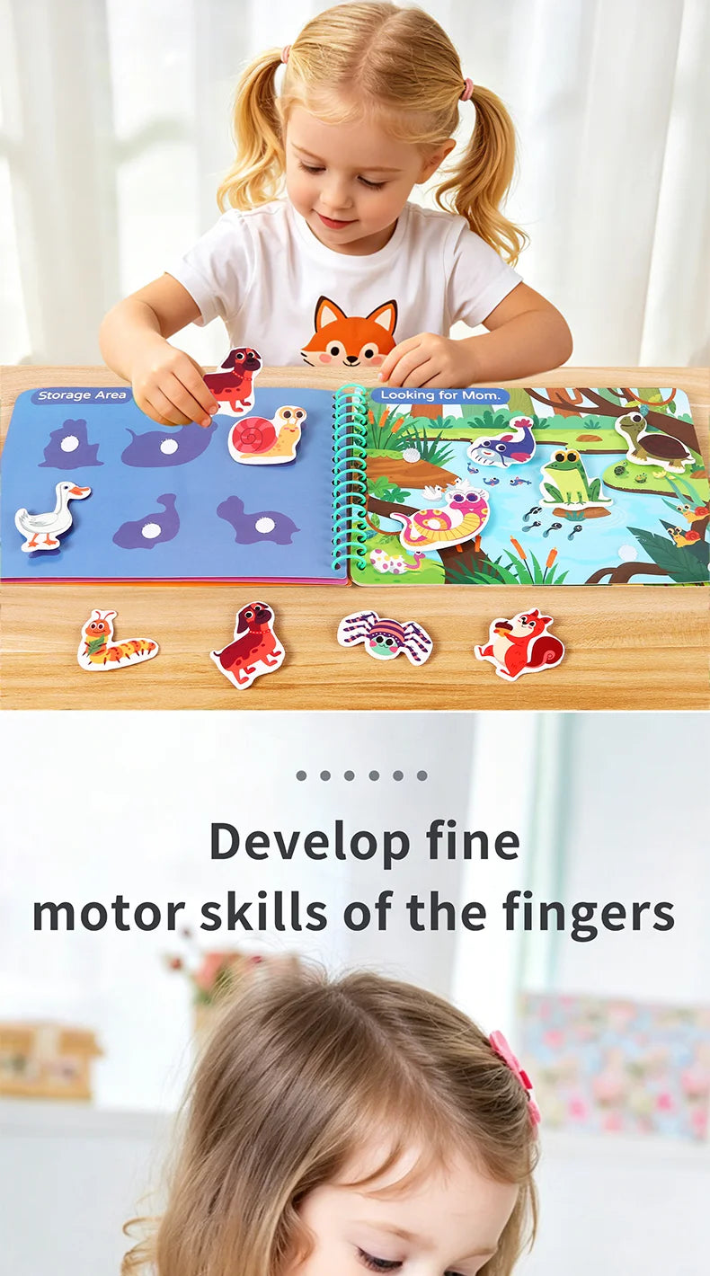 A young girl is using a Montessori quiet book with themed sticker activity sets for fine motor skill development.