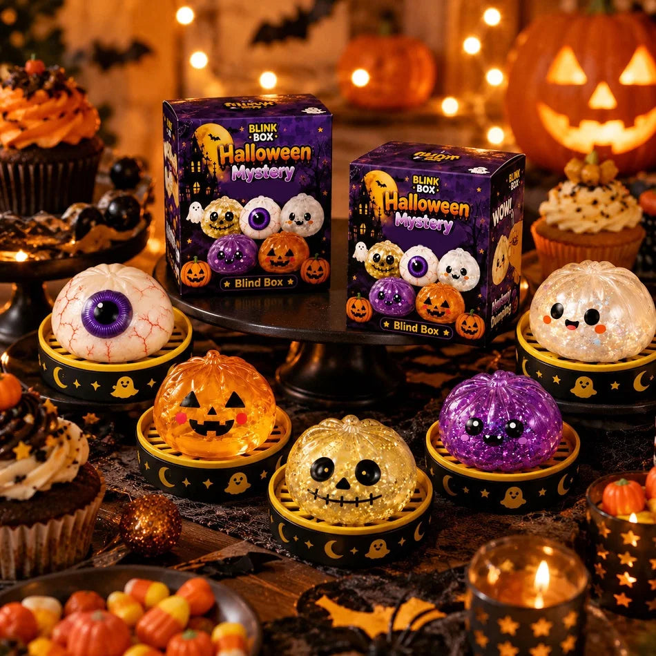 A collection of Halloween themed squishy stress relief toys including pumpkins and skulls displayed on a dark surface.