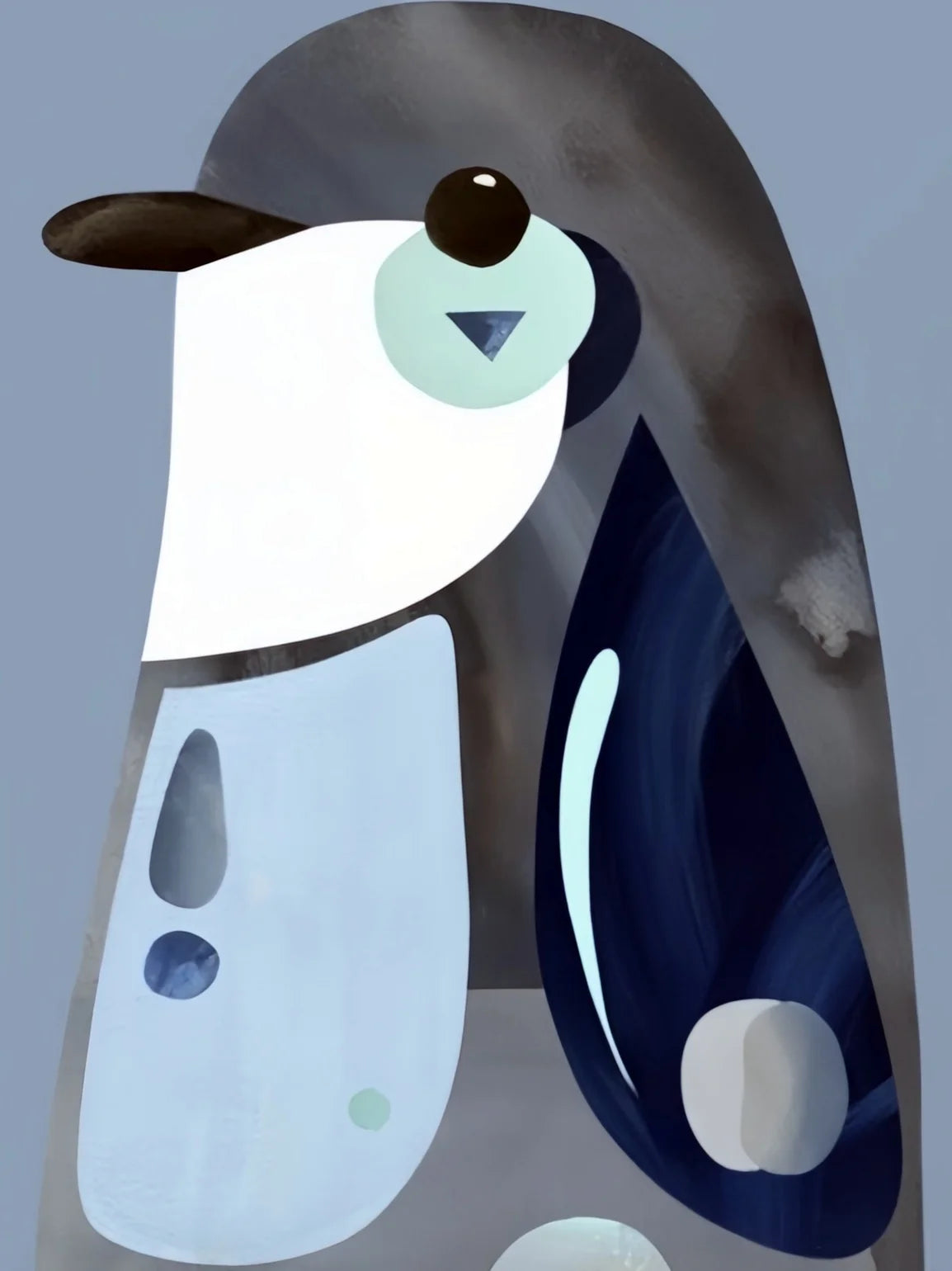 A painting in the style of a modern, abstract bird or animal featuring white and dark gray tones.