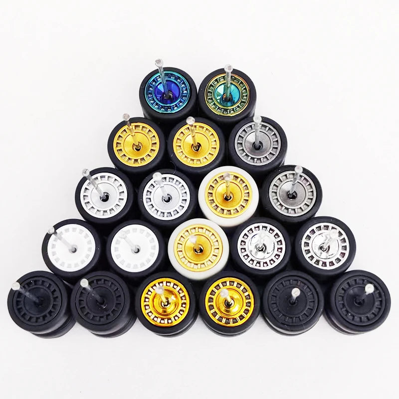 1/64 Scale Alloy Car Wheels with Rubber Tires - 10 Sets