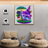A framed print featuring colorful, fantastical mushrooms in a vibrant forest setting for home decor.