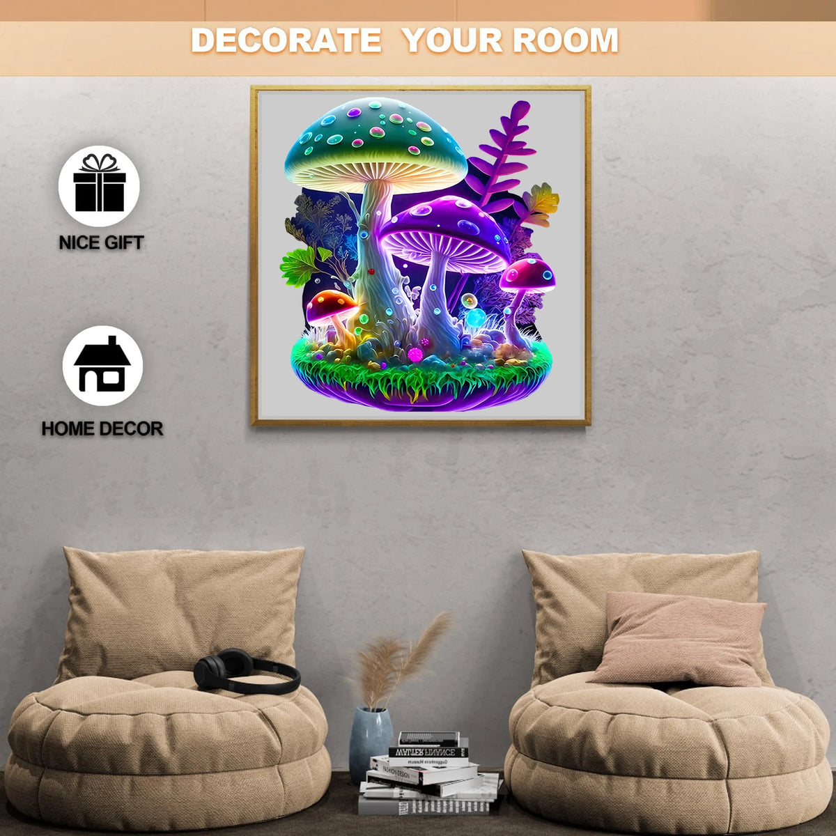 A framed print featuring colorful, fantastical mushrooms in a vibrant forest setting for home decor.