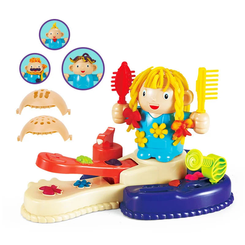 A color dough haircut playset for kids featuring a doll, various hair tools, and hair molds.