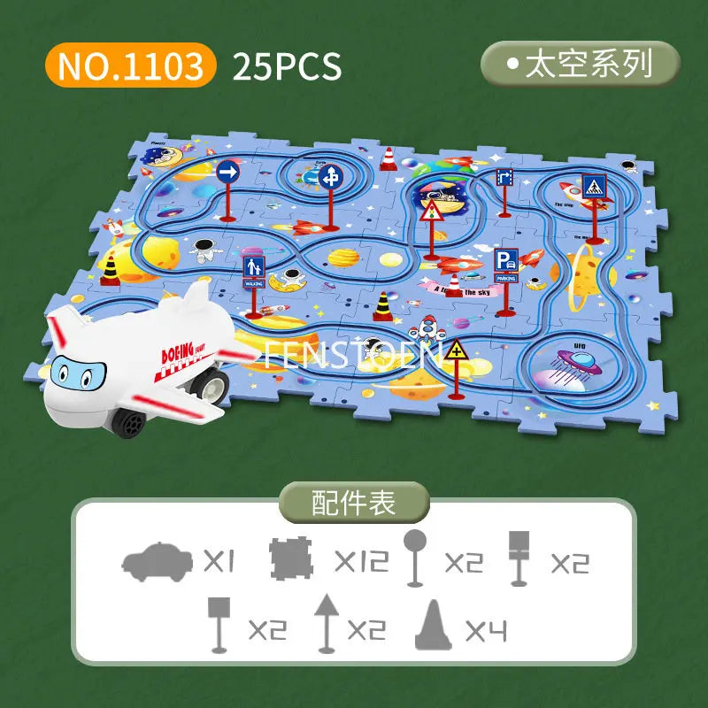 A jigsaw puzzle depicting an airplane and various train components for a DIY electric railroad car building kit.