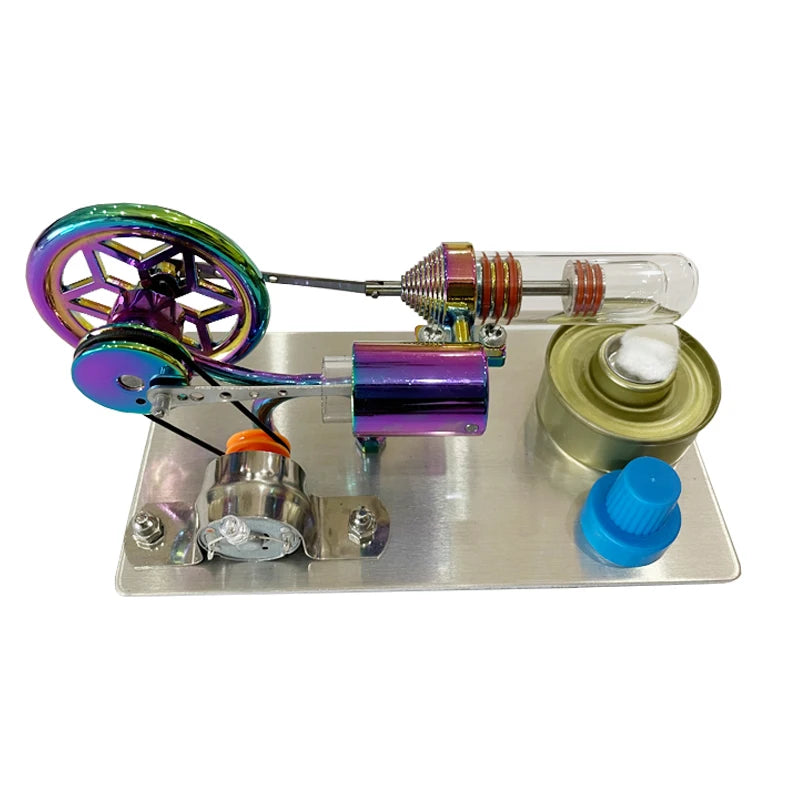 A mini Stirling engine model featuring a light bulb and a colorful, rotating fan assembly.