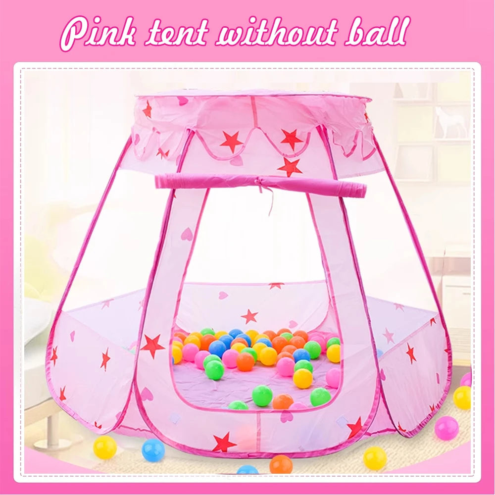 Pink tent without ball for kids play featuring a pink fabric fort with colorful balls inside