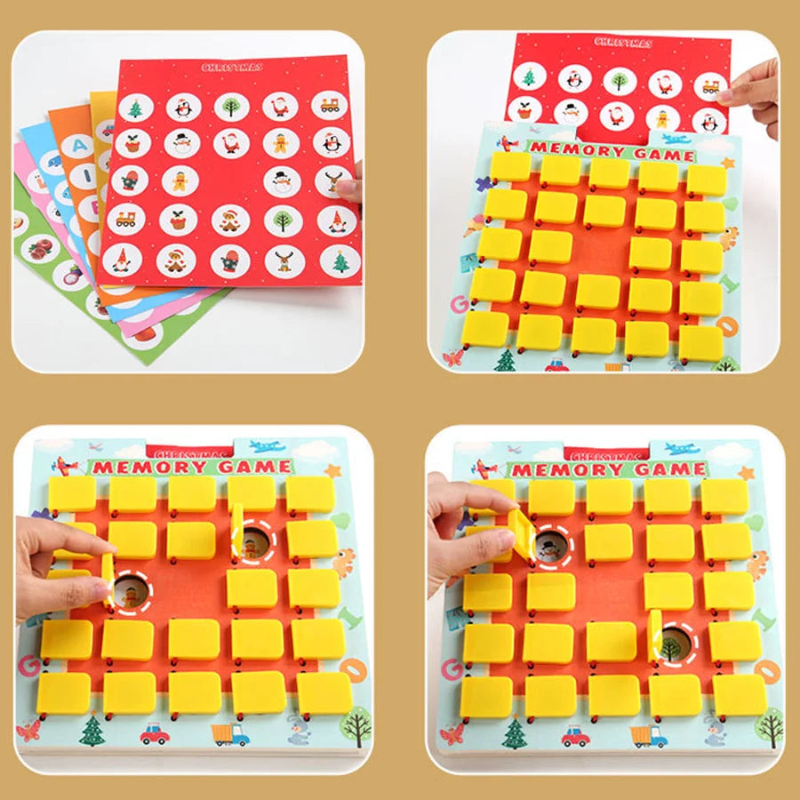 A set of wooden memory games featuring various shapes, numbers, and letters arranged on puzzle boards.