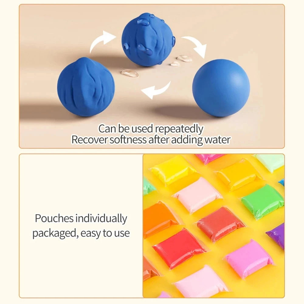 Blue molding clay pieces demonstrating the ability to recover softness after adding water, packaged in individual pouches.