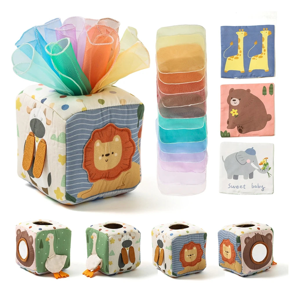 A set of Montessori soft fabric tissue boxes and sensory toys for babies in various colors and patterns.