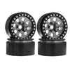 A pair of black metal beadlock wheels with a removable hex hub for an RC crawler.