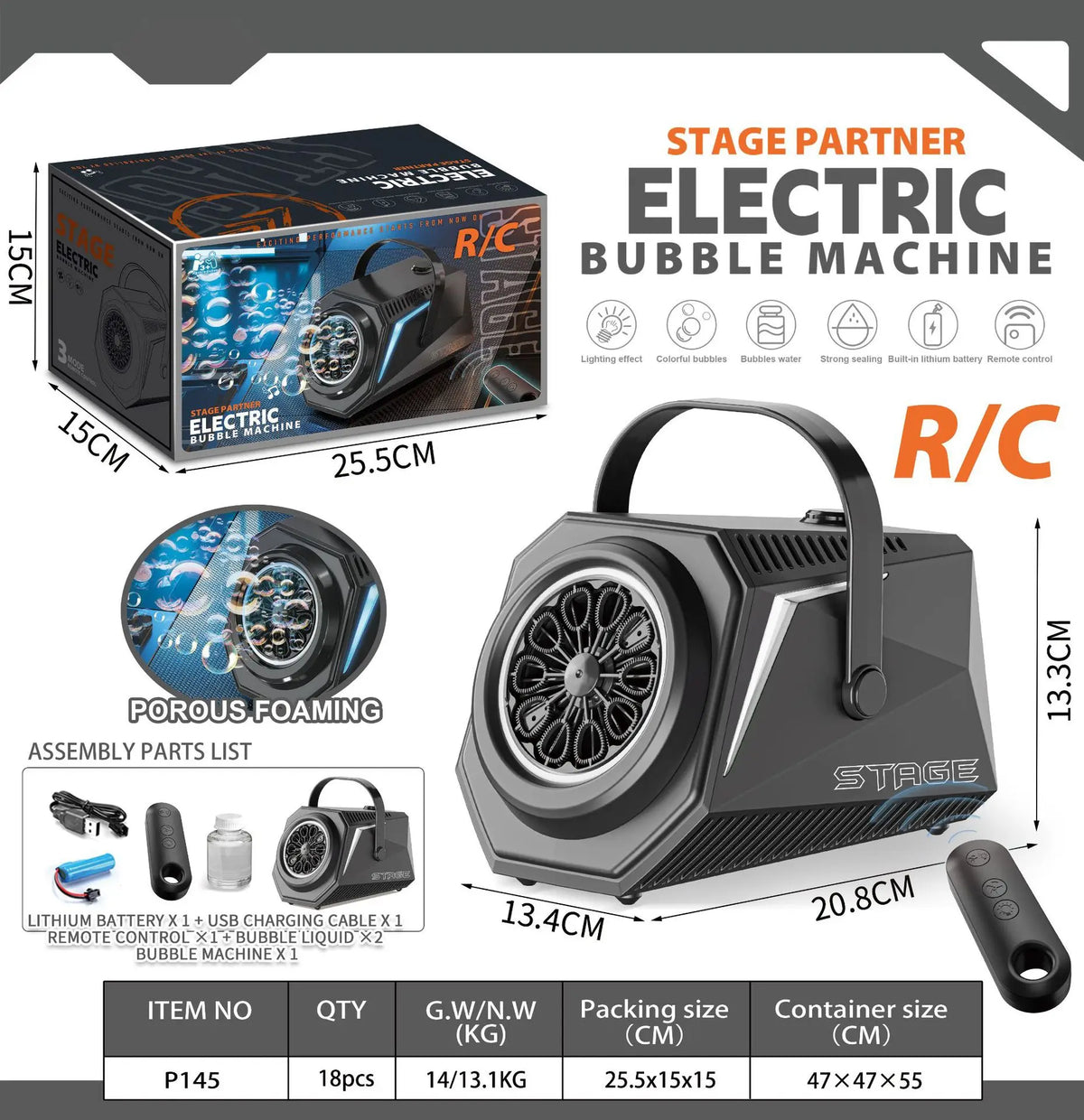 A Stage Partner R/C electric bubble machine set including the main unit, battery, charging cable, and remote control.