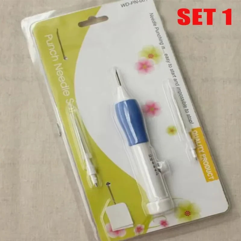 A set of punch needle embroidery tools including a needle and a punch tool packaged in a clear plastic sleeve.