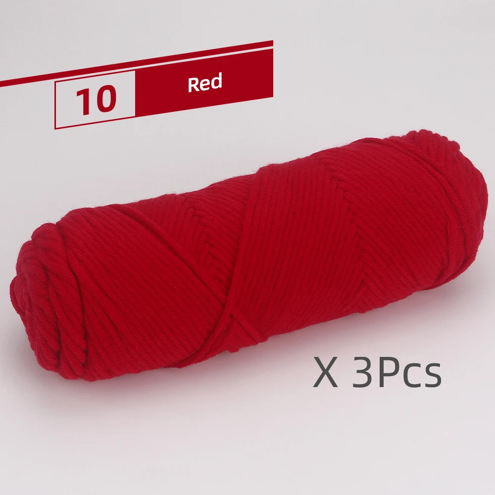 A bundle of red yarn for knitting and crochet, packaged as a 3-pack.