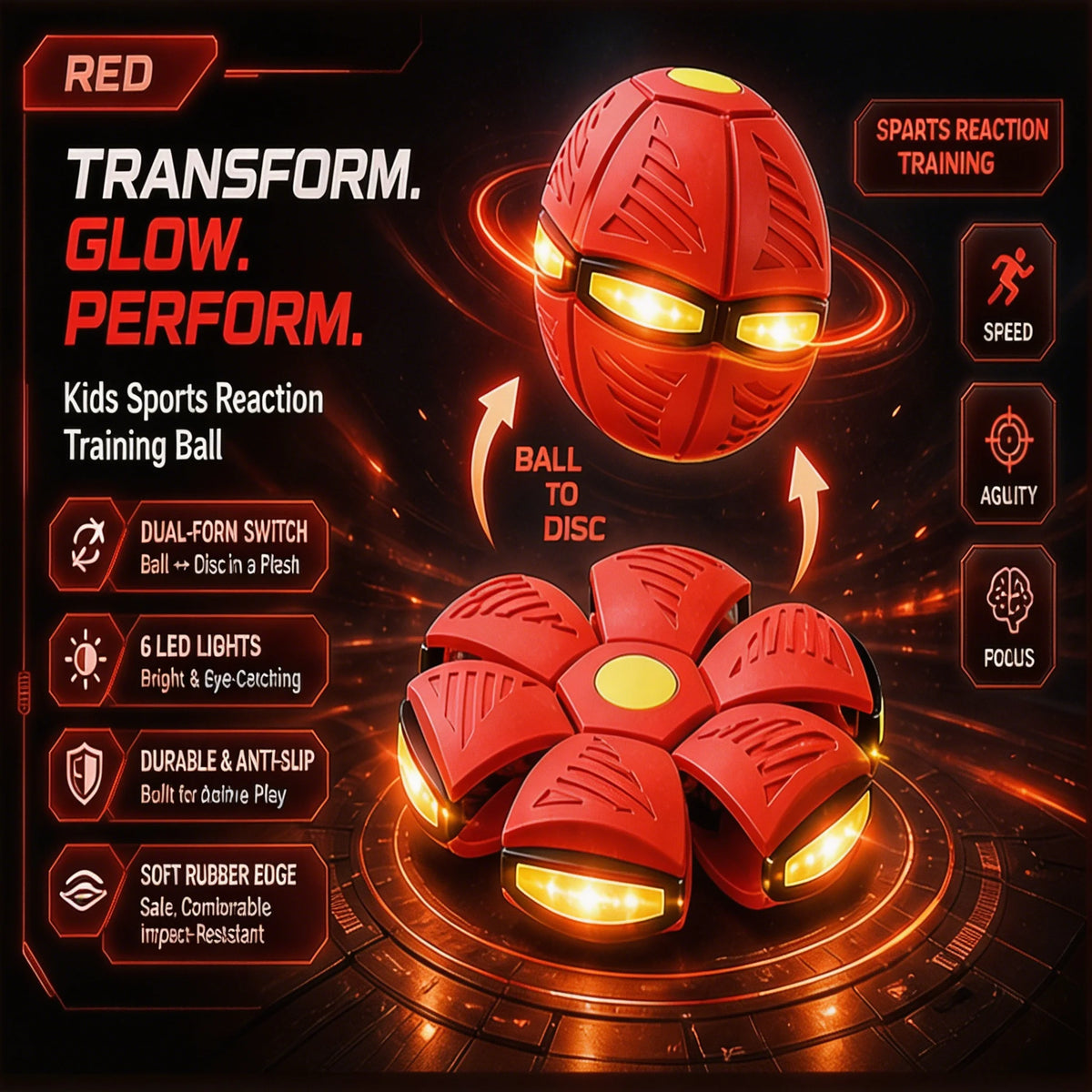 A red sports reaction training ball with glowing lights is shown in a dynamic display.