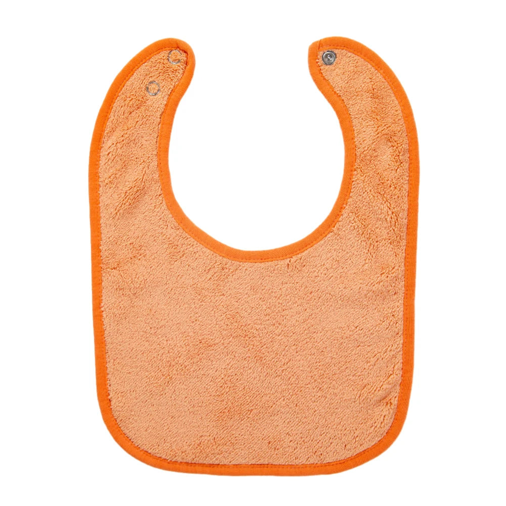 A soft orange cotton baby bib with an adjustable snap closure.