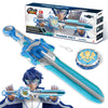 A toy sword launcher set featuring a blue and silver spinning top sword and accessories.