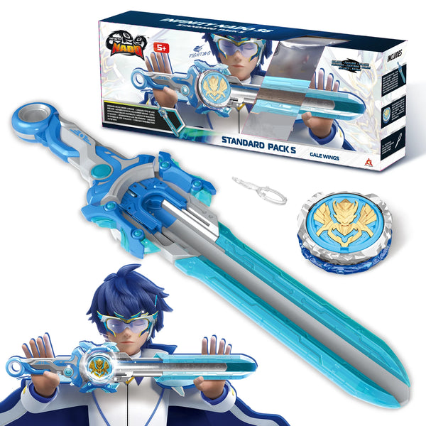 A toy sword launcher set featuring a blue and silver spinning top sword and accessories.