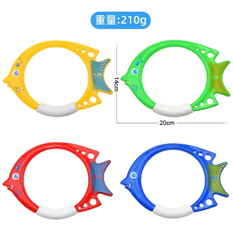 Three colored pool diving rings, yellow, green, and red, shown against a white background.
